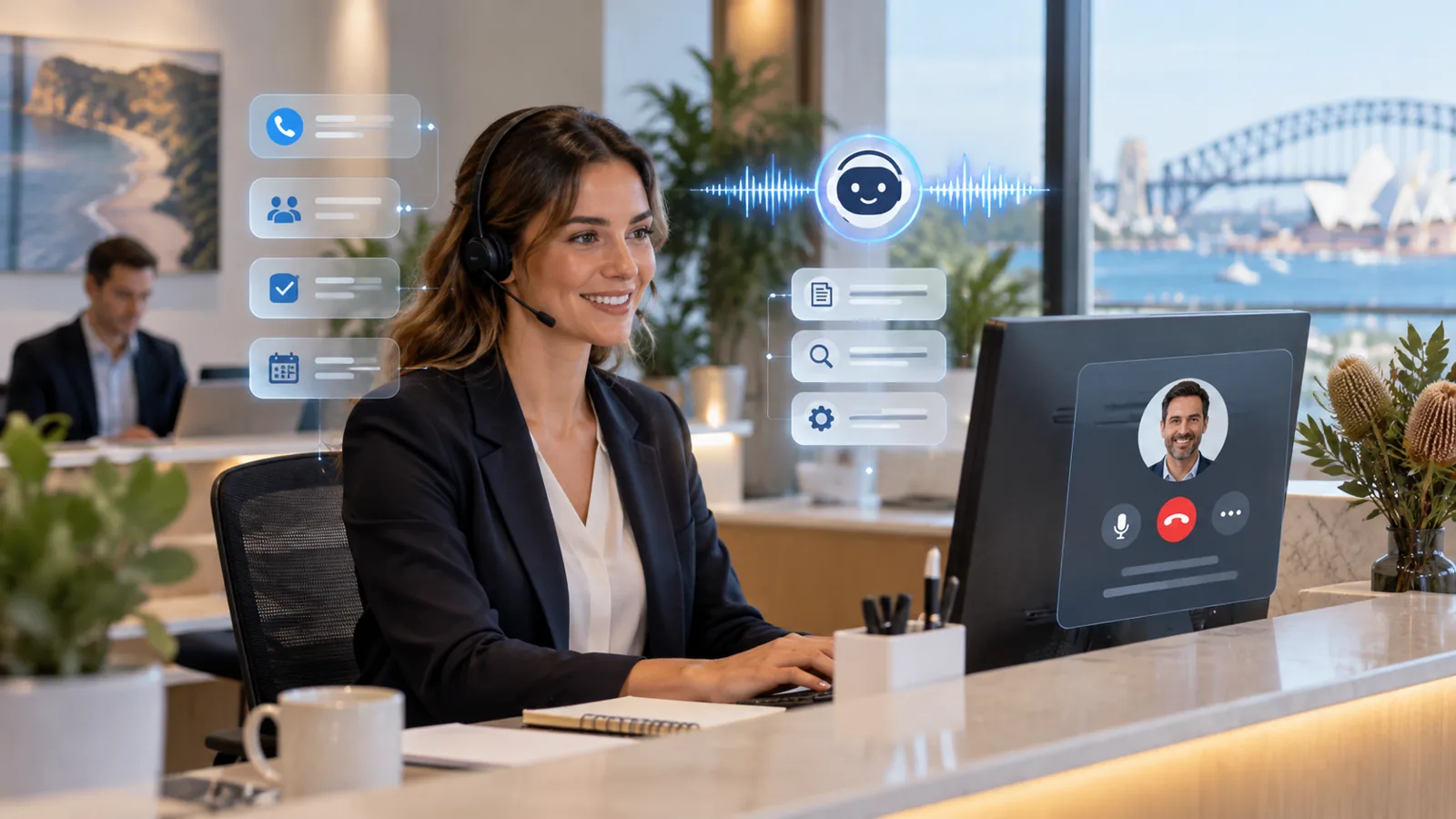Human receptionist working with AI voice assistant Australia