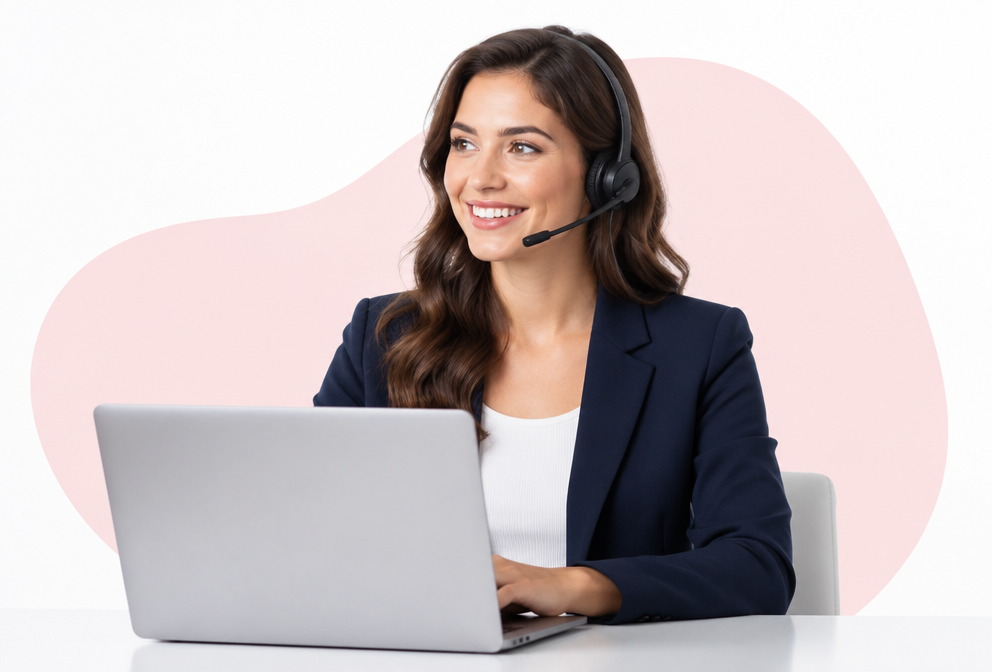 AI receptionist wearing a headset and working from a laptop
